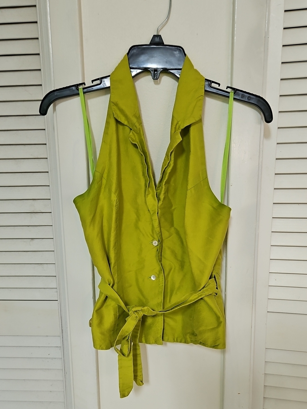 Sara Jane Lime Green Silk Halter Button-Front Tie-Waist Camisole